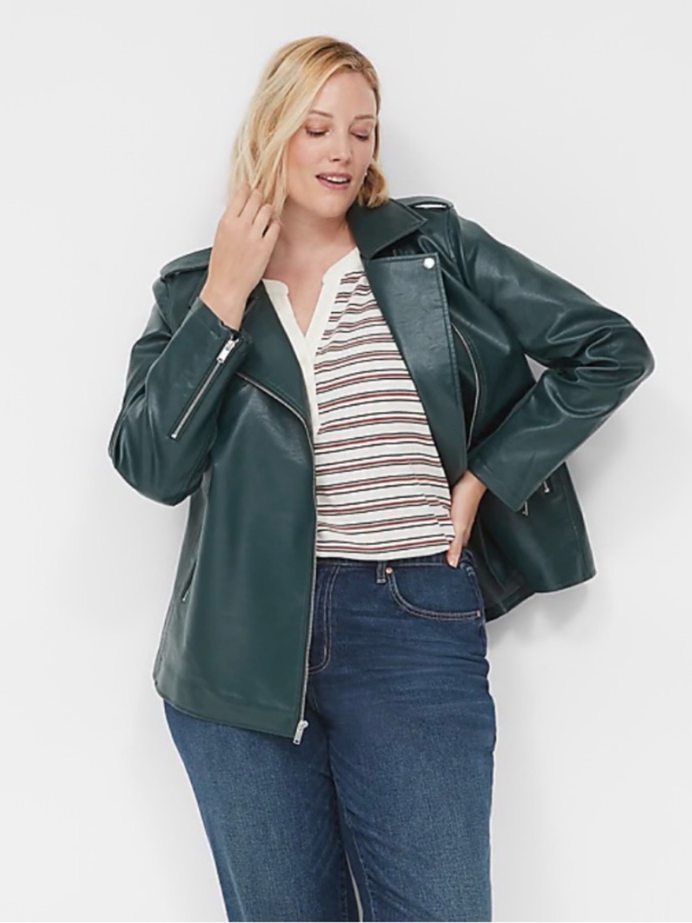 Lane Bryant Faux Leather Moto Green Jacket